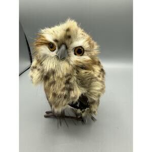 Faux Fur Owl Figurine 8” Realistic Decorative Woodland Bird Rustic Home Decor